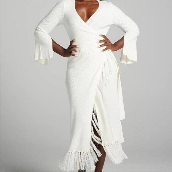 Gabrielle Union Off White Cream Sweater Wrap V-Neck Midi Dress Women’s Small - Picture 1 of 8